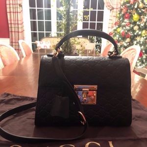 Authentic Black Gucci Padlock Top Handle Bag